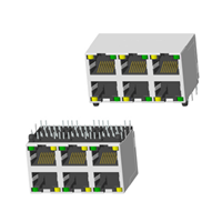 RJ45 5921 ; 2X3 ports ; With LED ; With metal shield ； PCB Retaining Post: hollow(Type B）