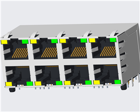 RJ45 5921 ; 2X4 ports ; With LED ; With metal shield（EMI Fingers） . PCB Retaining Post: hollow(Type B）
