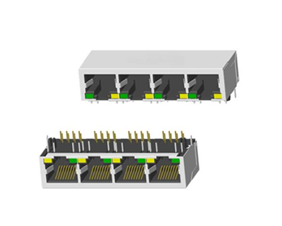 RJ45 5921 ; 1x4 ports ; With LED ; With metal shield . PCB Retaining Post: hollow(Type B）