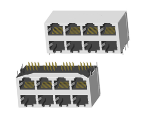 RJ45 5921 ; 2X4 ports ; Without LED ; With metal shield . PCB Retaining Post: hollow(Type B）