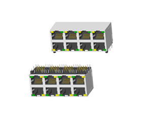 RJ45 5921 ; 2X4 ports ; With LED ; With metal shield . PCB Retaining Post: hollow(Type B）